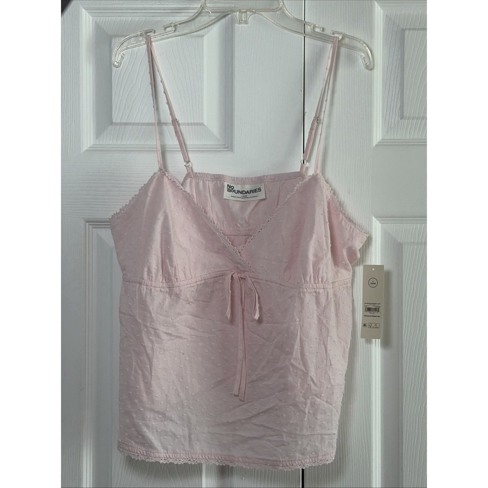 No Boundaries Swiss Dot Camisole Womens L Pink Lace Trim Y2K Boho Cotton Tank